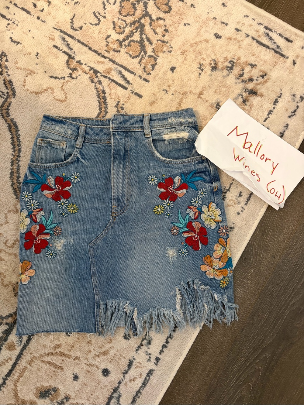 Zara Blue Denim Mini Skirt with Multicolor Floral Embroidery